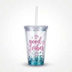 Sparkle "Good Vibes" Double Wall Tumbler with Straw, 12oz