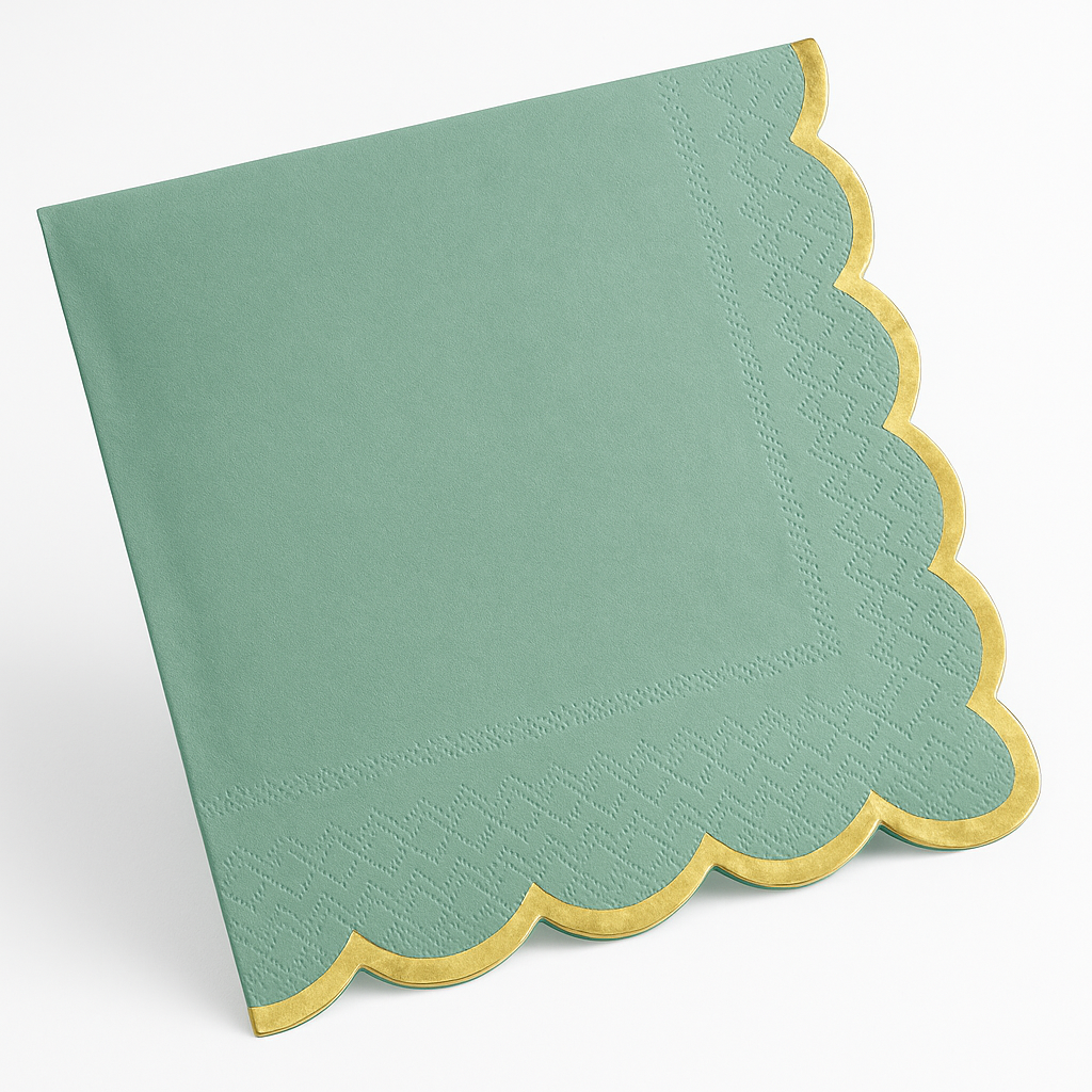 Leaf Green Scalloped Edge Lunch Napkins with Gold Foil