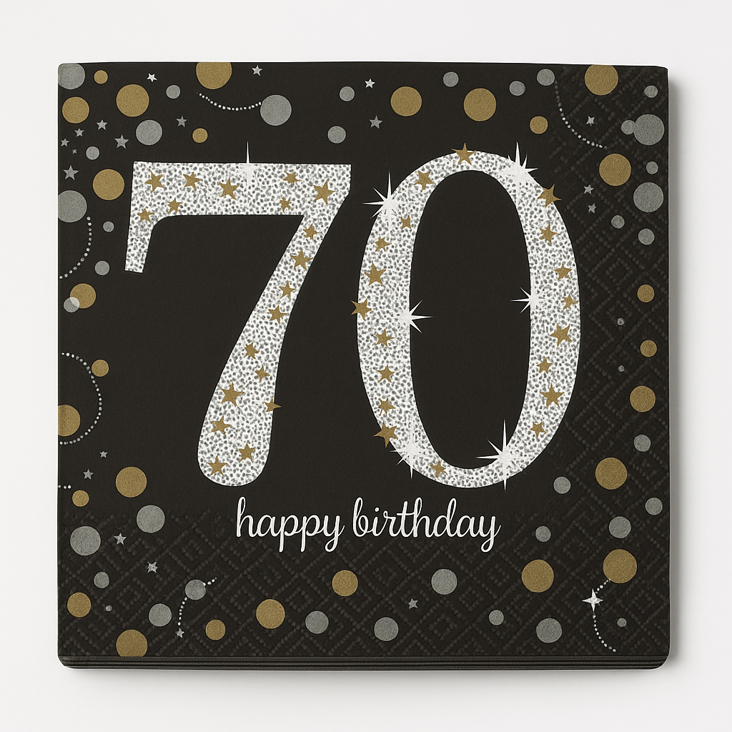Sparkling Celebration 70th Birthday Lunch Napkins - Black/Silver/Gold, 16-Pack