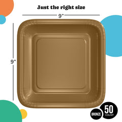 9 In. Bronze Square Paper Plates | 50 Count
