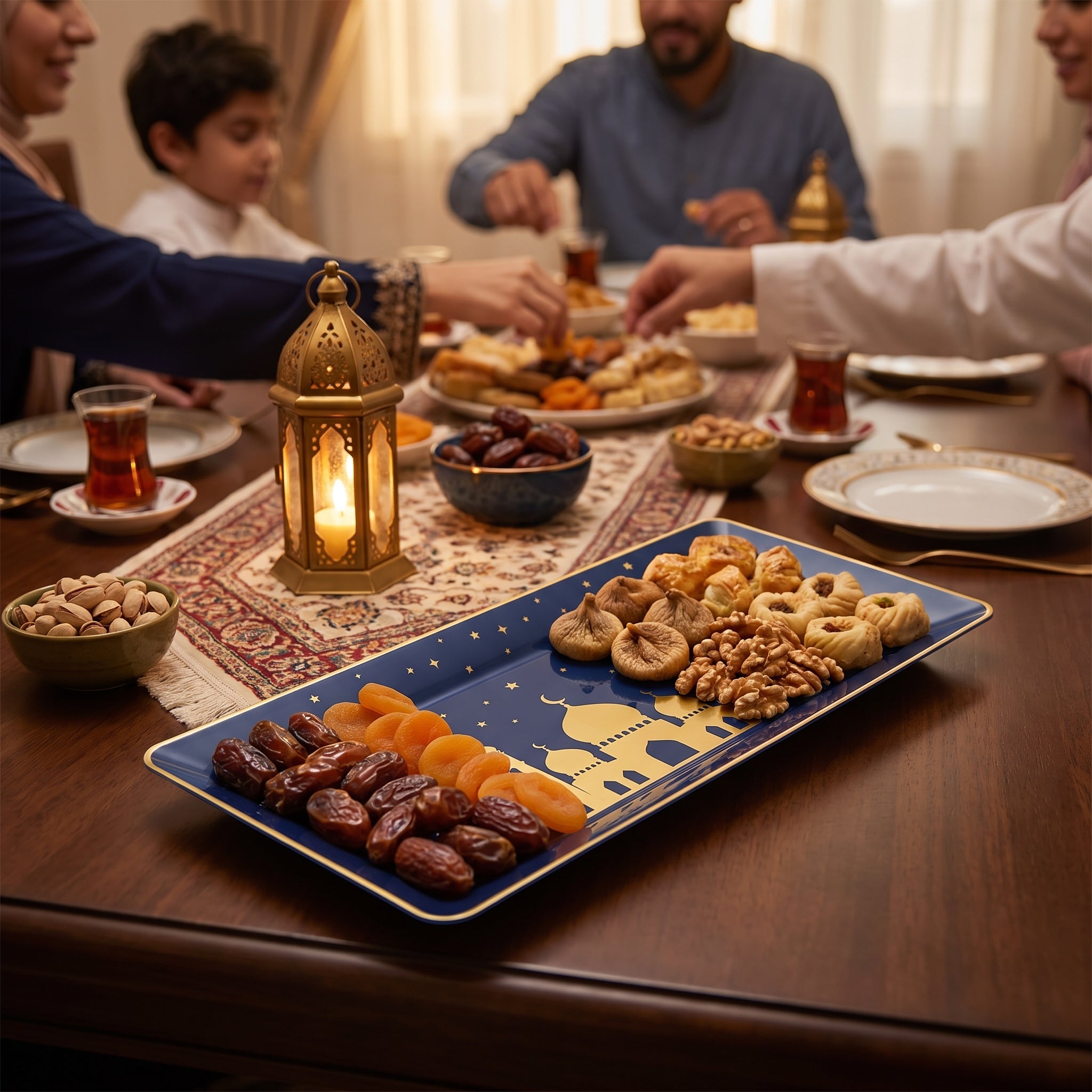 Elegant Eid Celebration Plastic Serving Platter - Navy and Gold