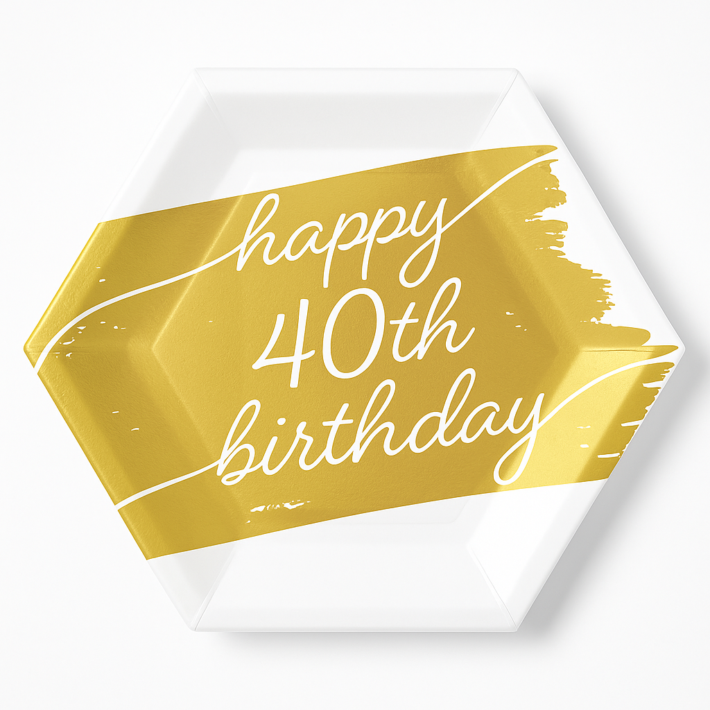 Golden Age 40th Birthday Hexagon Metallic Plates - 7" Gold/White, 8-Pack