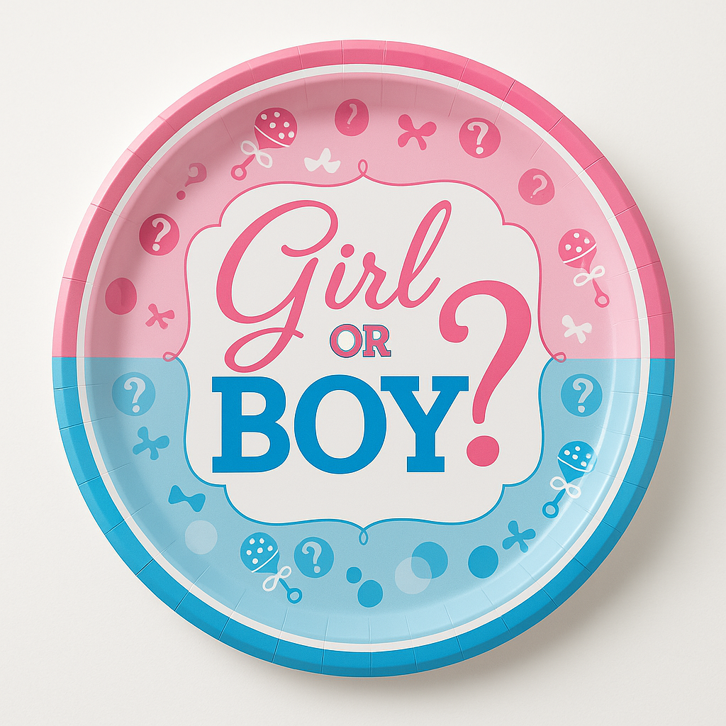 "Girl or Boy?" 7" Round Gender Reveal Dessert Plates - 8 Pack