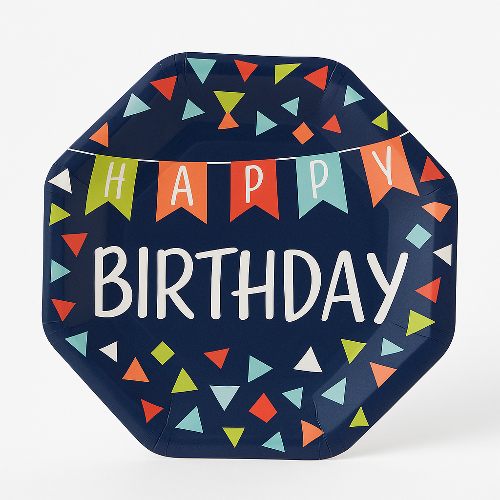 "Happy Birthday" Colorful Confetti 7" Octagon Paper Plates, 8-Pack