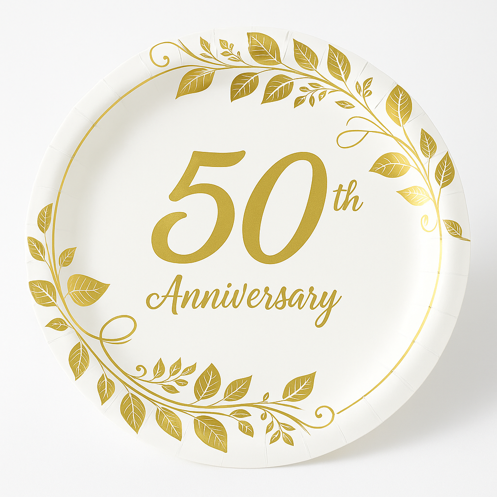 50th Anniversary Round Metallic Paper Plates, 7-Inch, 8-Pack