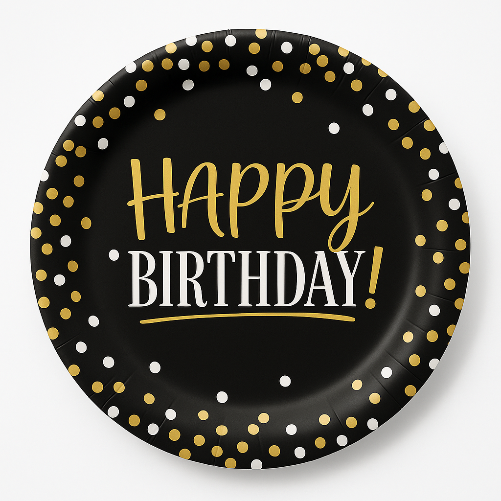 Black & Gold Birthday Plates - 6.75" Round Paper Plates