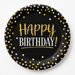 Black & Gold Birthday Plates - 6.75" Round Paper Plates