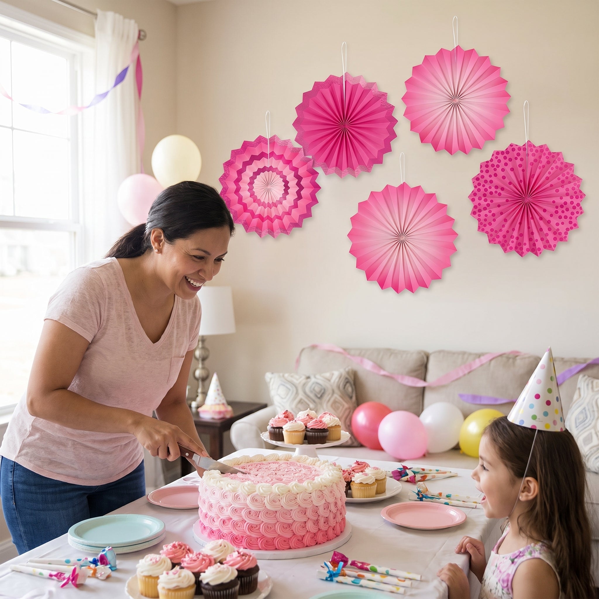 Bright Pink Patterned Paper Fan Decorations - 5 Inch, 5-Pack