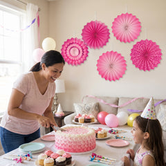 Bright Pink Patterned Paper Fan Decorations - 5 Inch, 5-Pack
