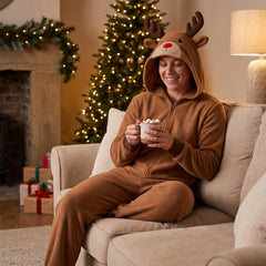 Adult Reindeer Fleece Jumpsuit with Hood - L/XL Size