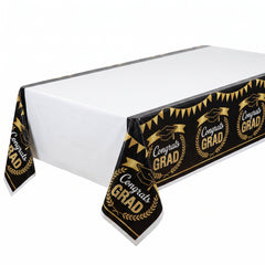 "Congrats Grad" Plastic Table Cover - Black & Gold 54x84 inch for Graduation