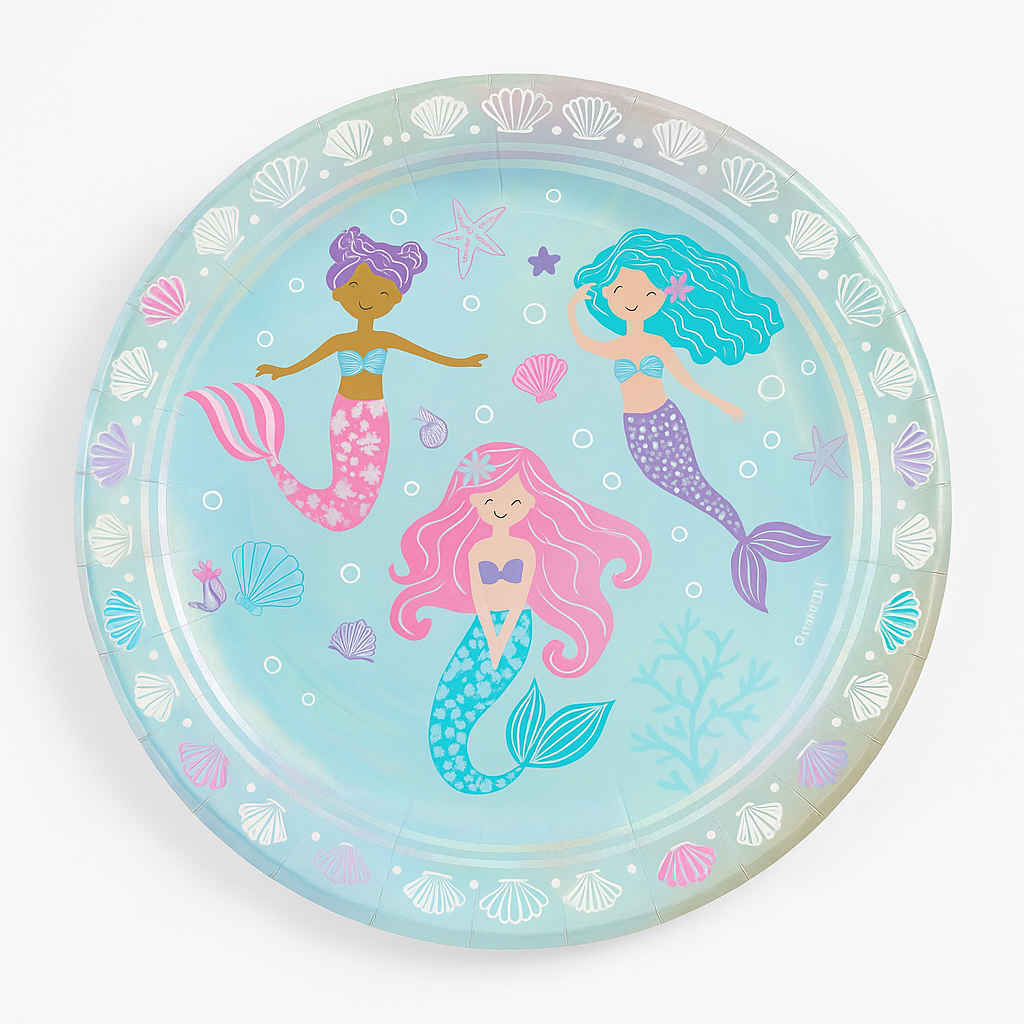 Shimmering Mermaids 9" Round Metallic Lunch Plates - 8 Pack
