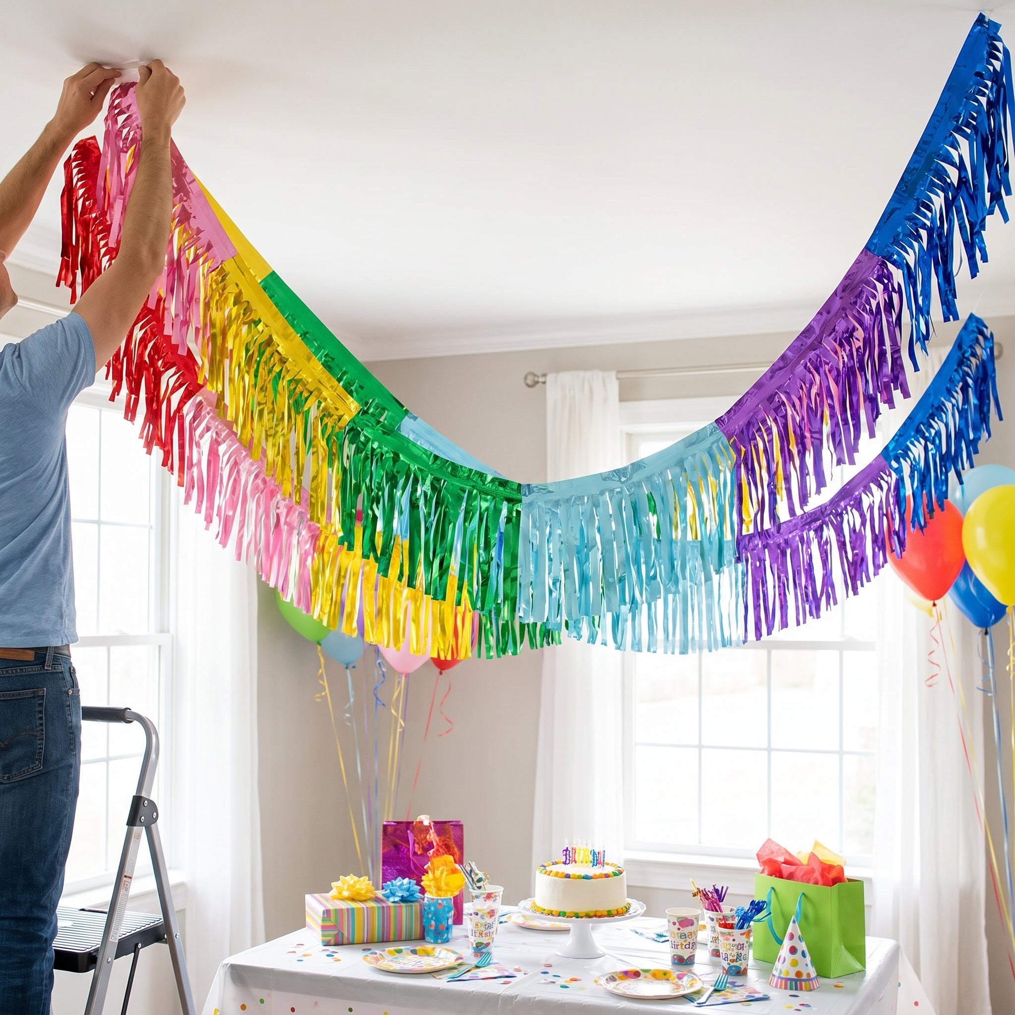 Vibrant Rainbow Ceiling Decoration Garland - 12ft Foil Fringe