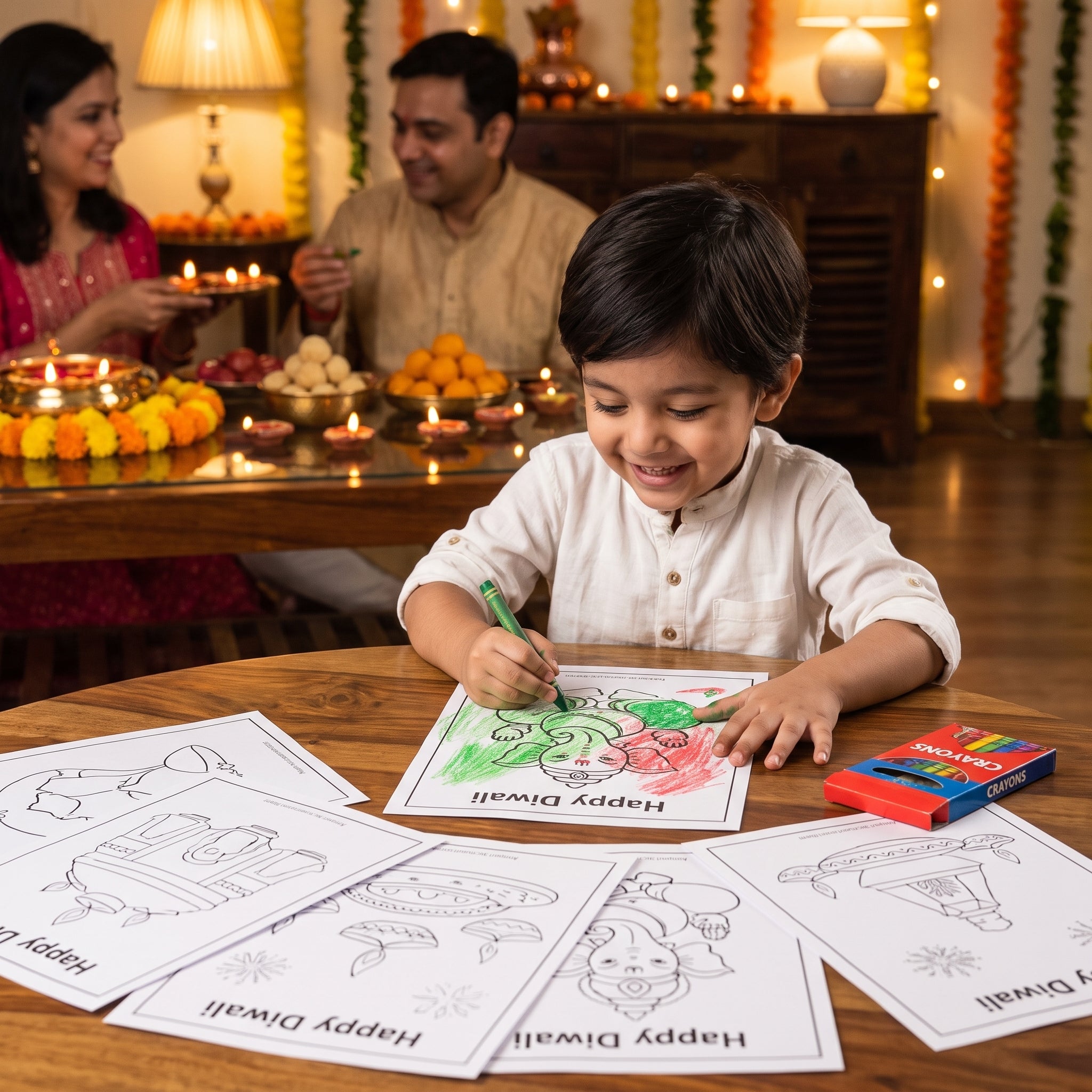 "Happy Diwali" Activity Sheets with Crayons - 11 Pages of Festive Fun