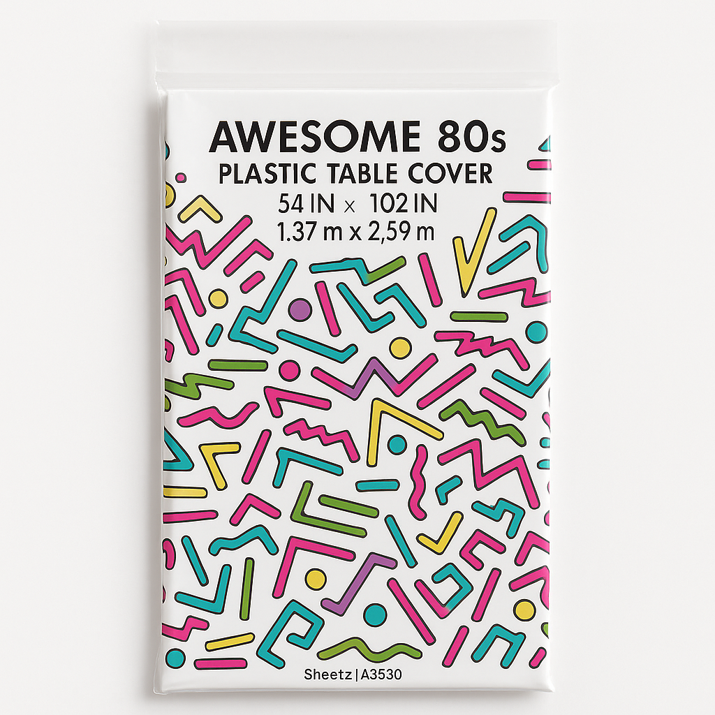 Awesome '80s Plastic Table Cover ‚Äì Bold Memphis Design, 54x102-Inch