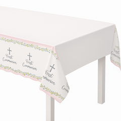 First Communion Pink and White Plastic Table Cover