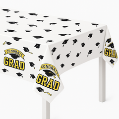 Gold "Congrats Grad" Plastic Table Cover for Graduation Celebrations