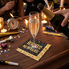 Starlight "Ring in the New Year" Beverage Napkins, Black/Gold, 40-Pack - 5 In. X 5 In.