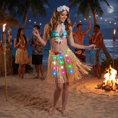 Adult Light-Up Grass Hula Skirt with Floral Trim