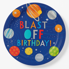 Blast Off Birthday 10.5" Round Metallic Plates