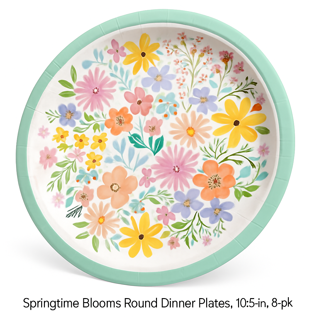 Springtime Blooms 10.5-Inch Round Paper Plates, 8-Pack