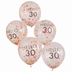 Bright Pastel "Hello 30" Birthday Balloons, 12-Inch, 5-Pack