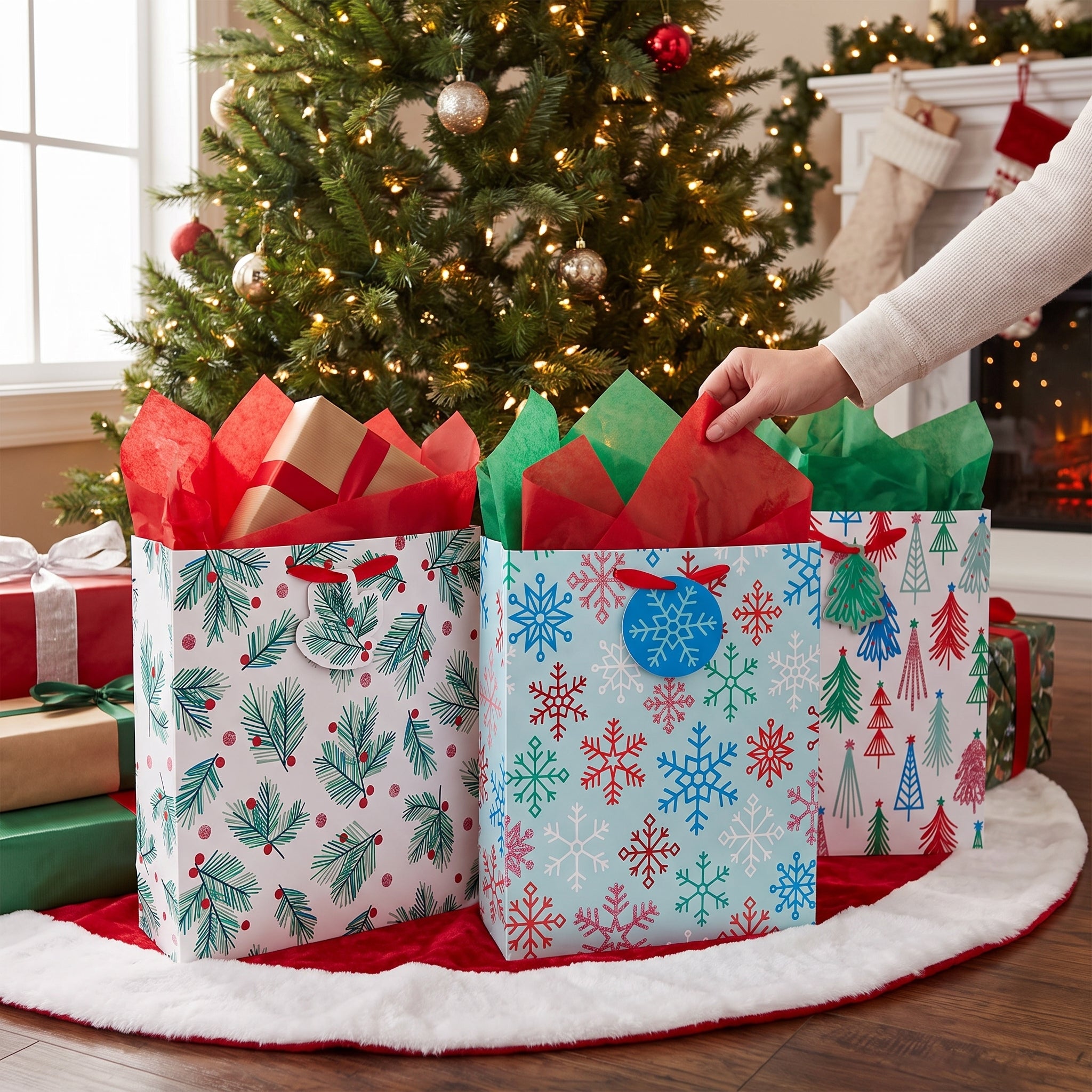 Festive Christmas Gift Bag Multipack - Trees, Holly & Snowflakes