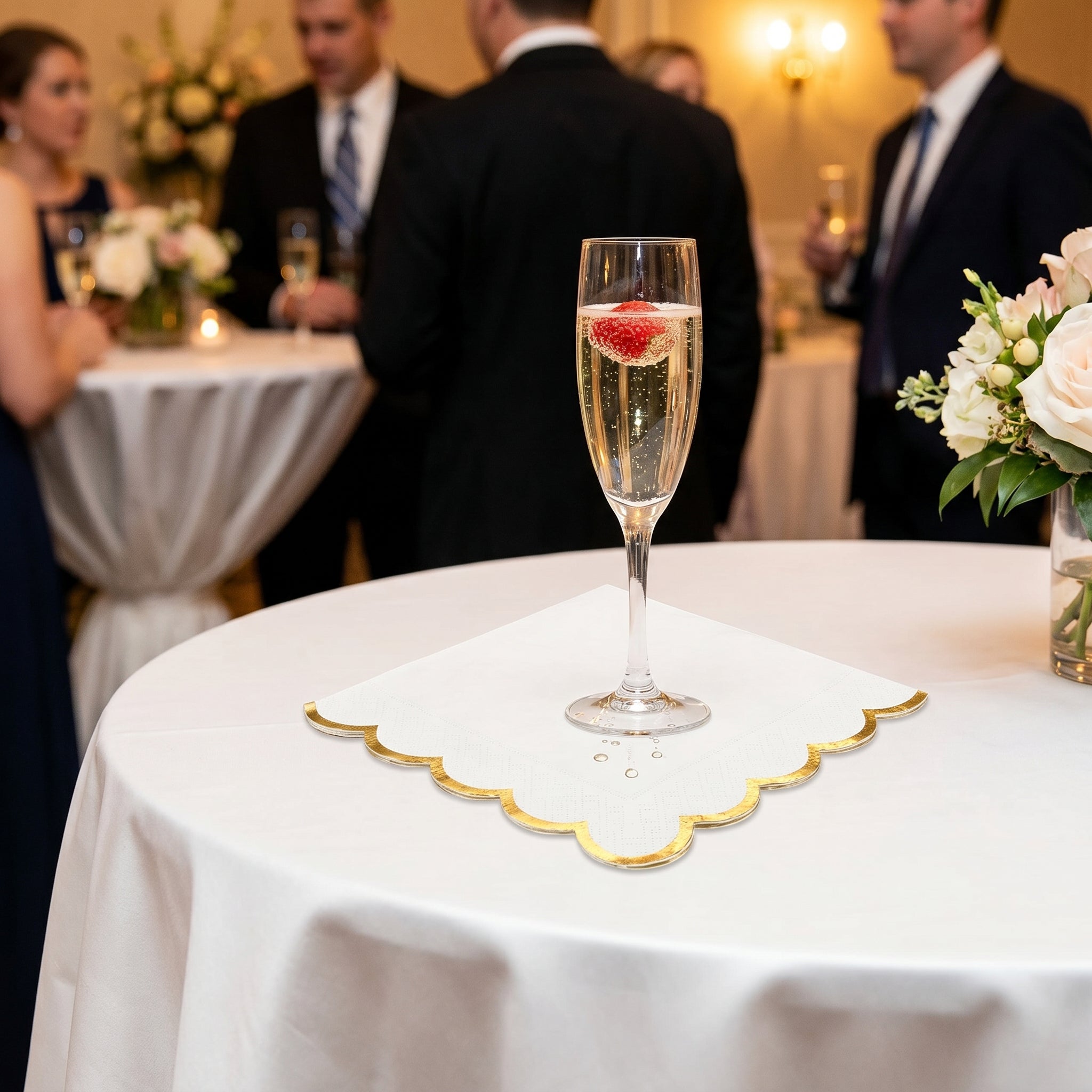 White Scalloped Beverage Napkins with Gold Hot Stamped Edge - 5 In. X 5 In.