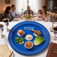 Blue Melamine Seder Passover Plate with Hebrew and English Labels