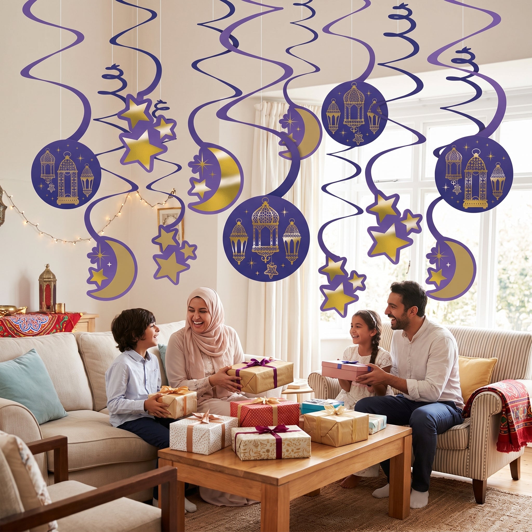 Eid Mubarak Swirl Hanging Decorations - Purple, Gold & Blue