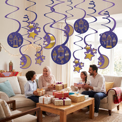 Eid Mubarak Swirl Hanging Decorations - Purple, Gold & Blue