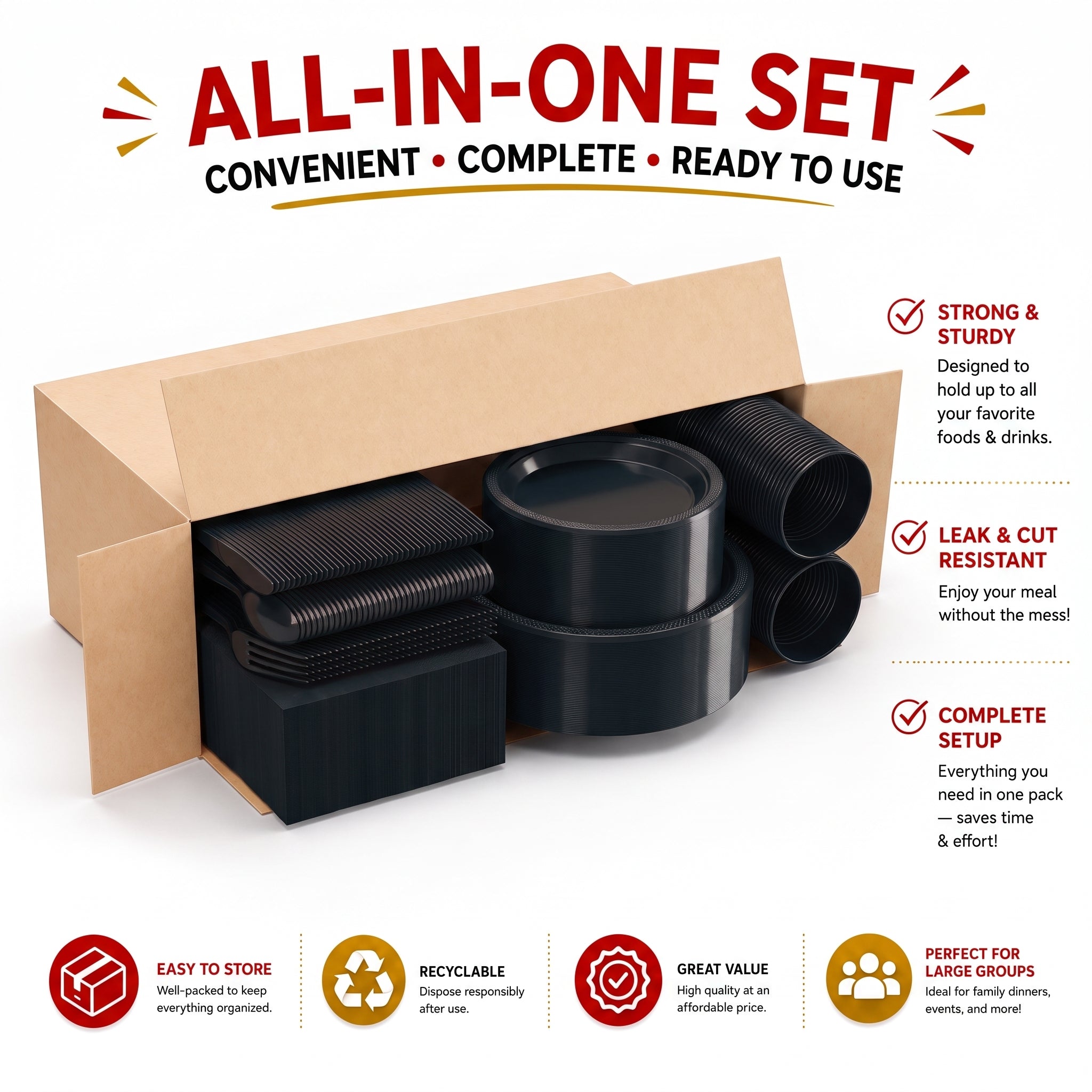 350 pcs disposable tableware set black