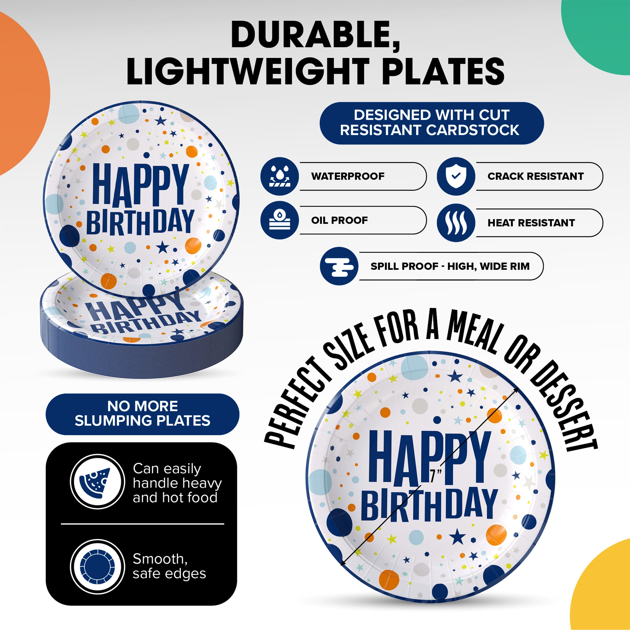 7 In. Blue Birthday Print Paper Plates - 50 Ct.