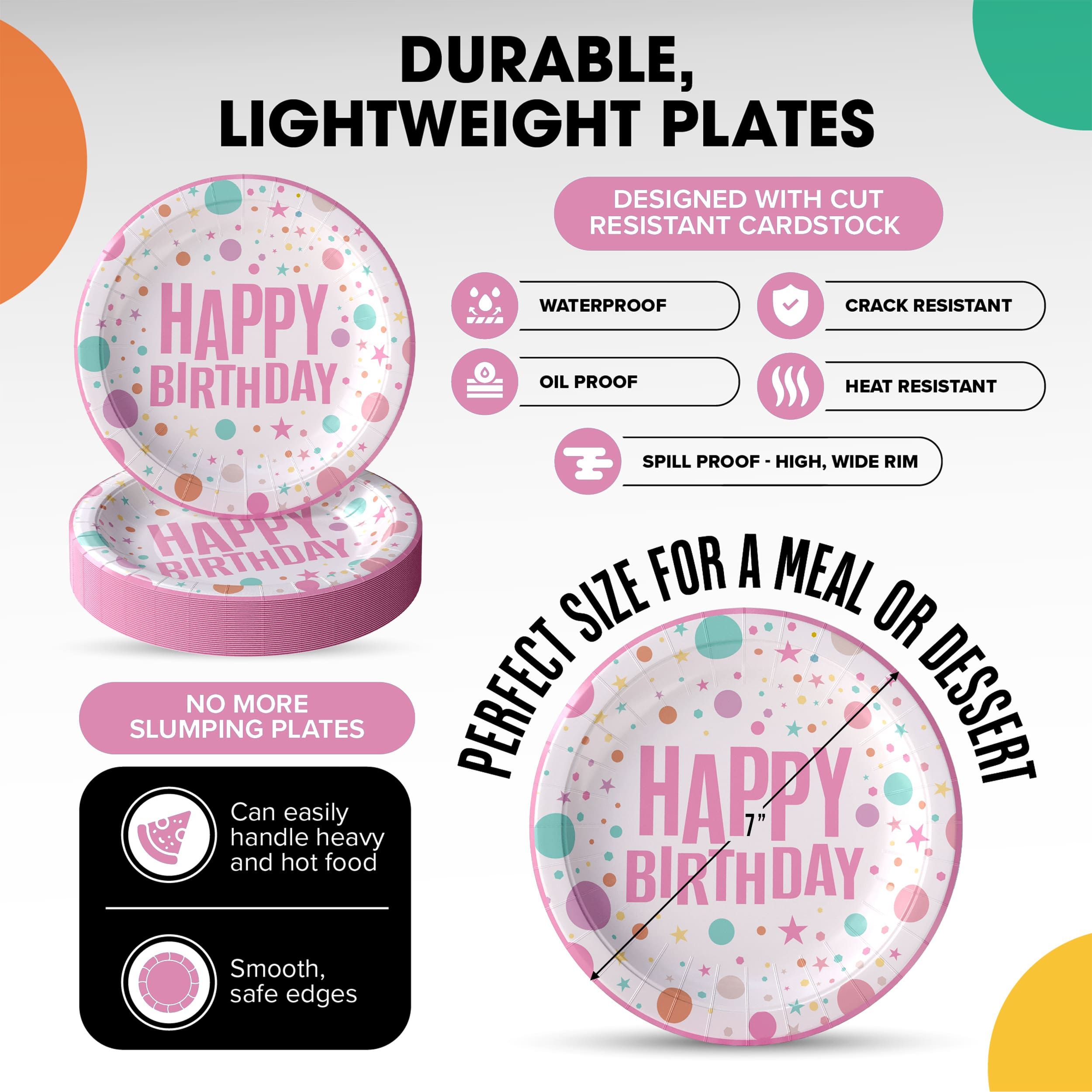 7 In. Pink Birthday Print Paper Plates - 50 Ct.| Case of 20