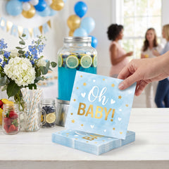 Oh Baby Blue & Gold Beverage Napkins for Baby Shower - 5 In. X 5 In.