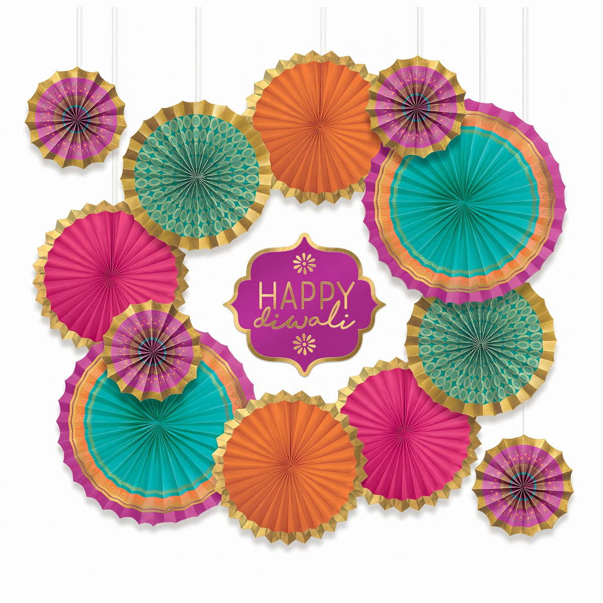 Vibrant Diwali Paper Fan Decoration Kit with "Happy Diwali" Sign