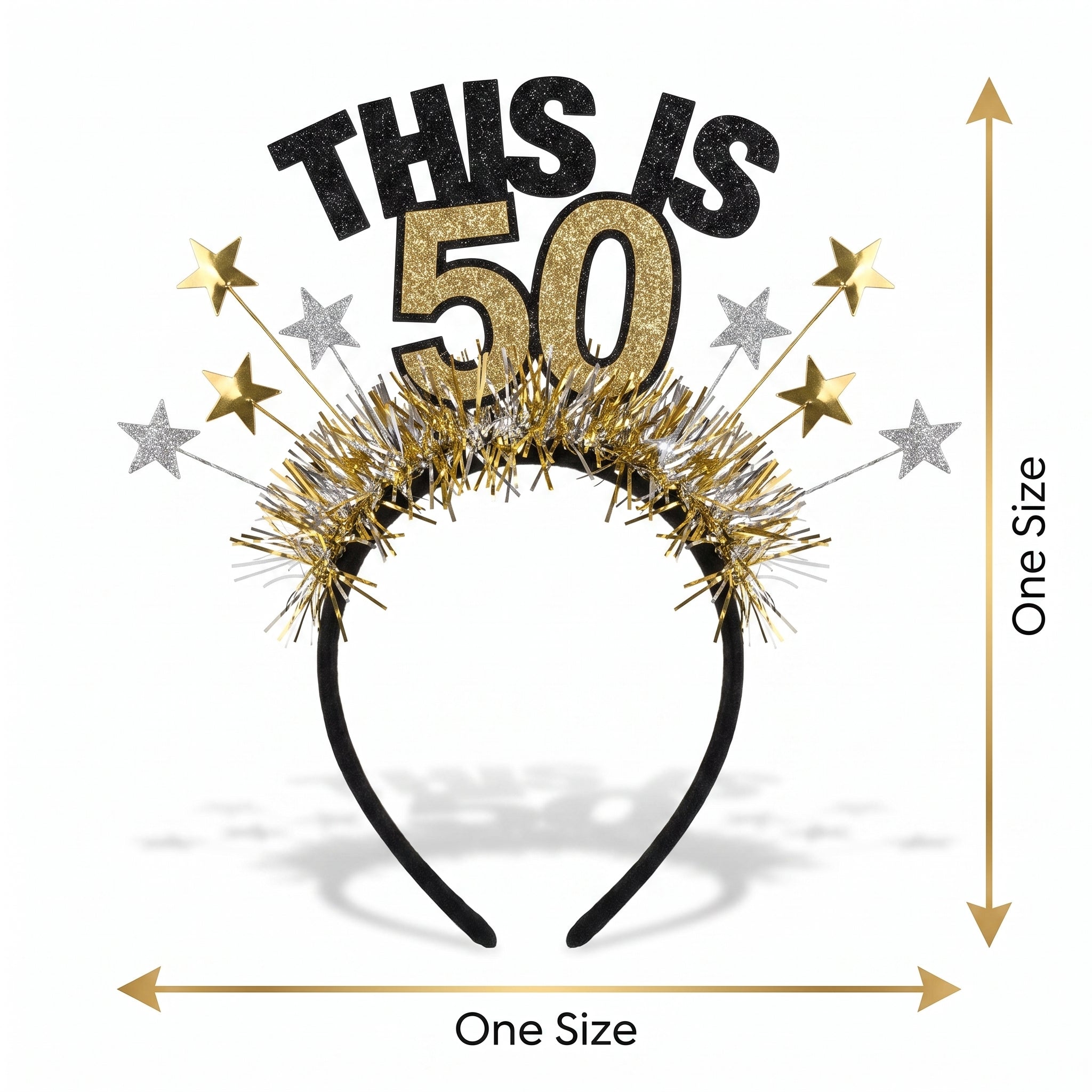 Black & Gold "This is 50" Birthday Headband with Fringe and Stars