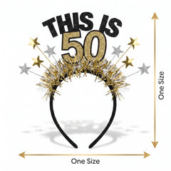 Black & Gold "This is 50" Birthday Headband with Fringe and Stars