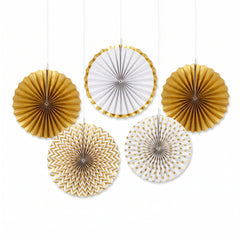 Gold Patterned Paper Fan Decorations - 5 Inch, 5-Pack