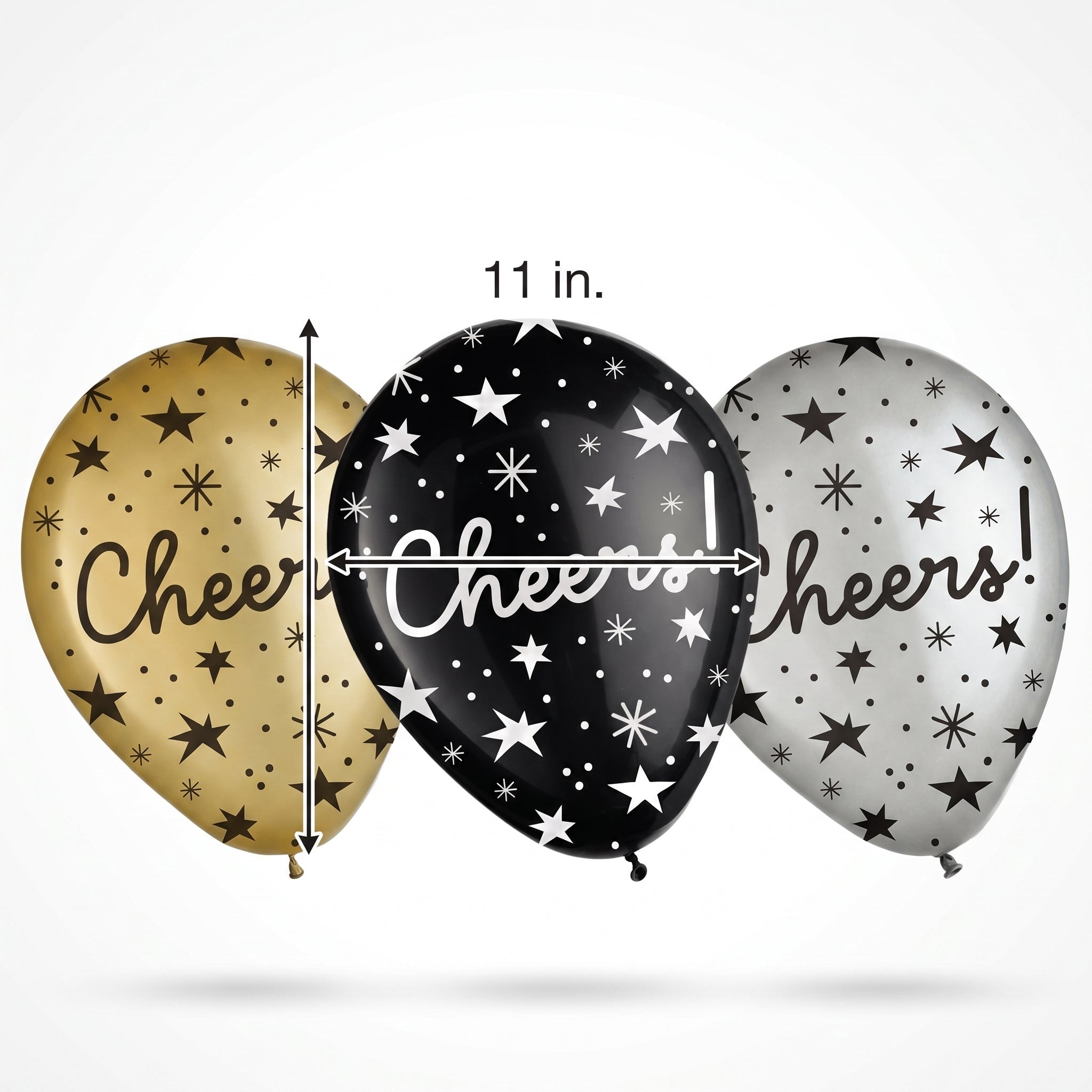 Cheers Star-Print Latex Balloons, Black/Gold/Silver, 11-Inch, 15-Pack