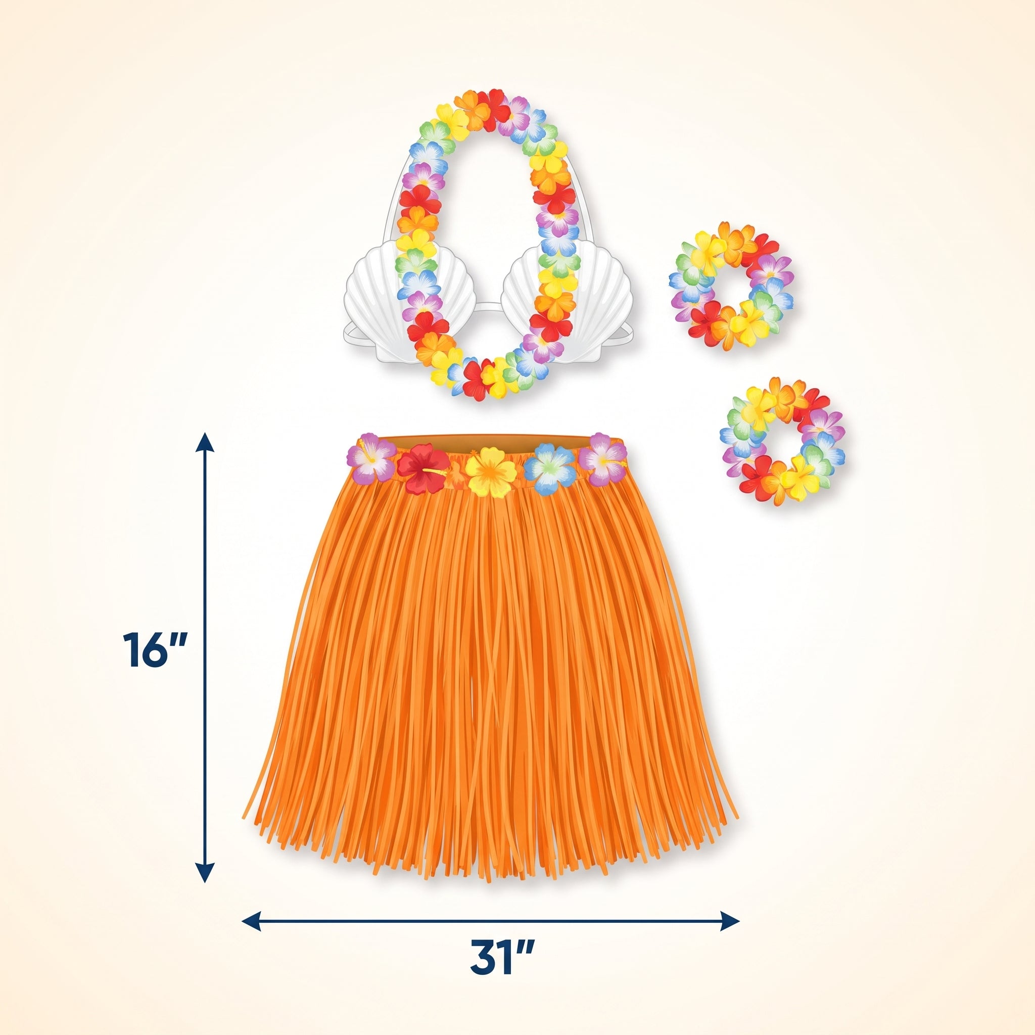 Adult Hula Skirt Kit with Shell Bikini & Floral Accessories
