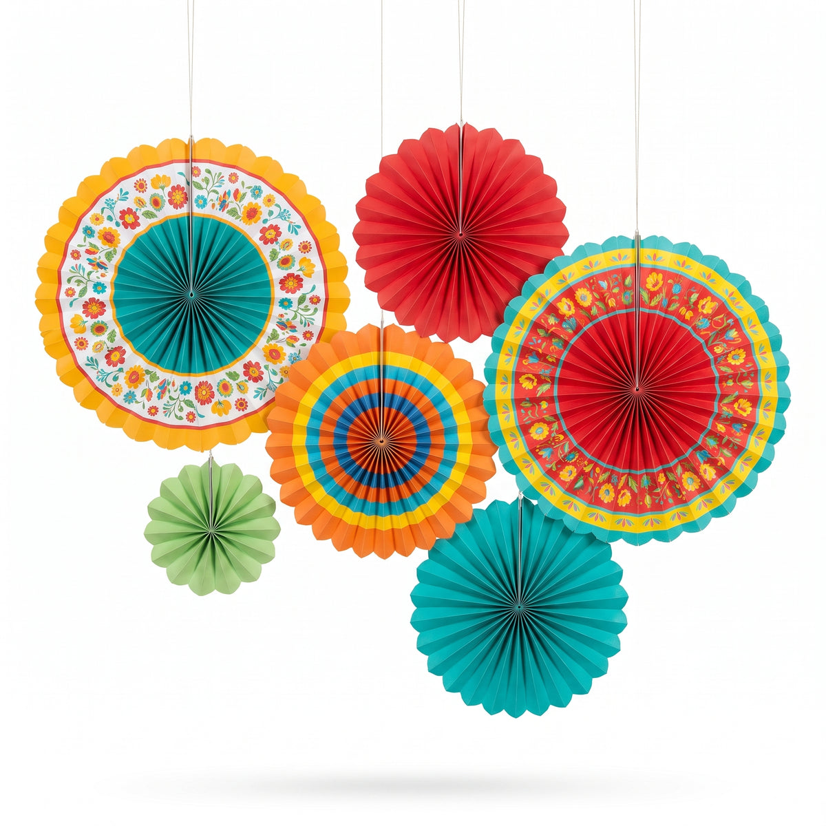 Fiesta Time Multi-Colored Paper Fan Decorations - 6 Pack