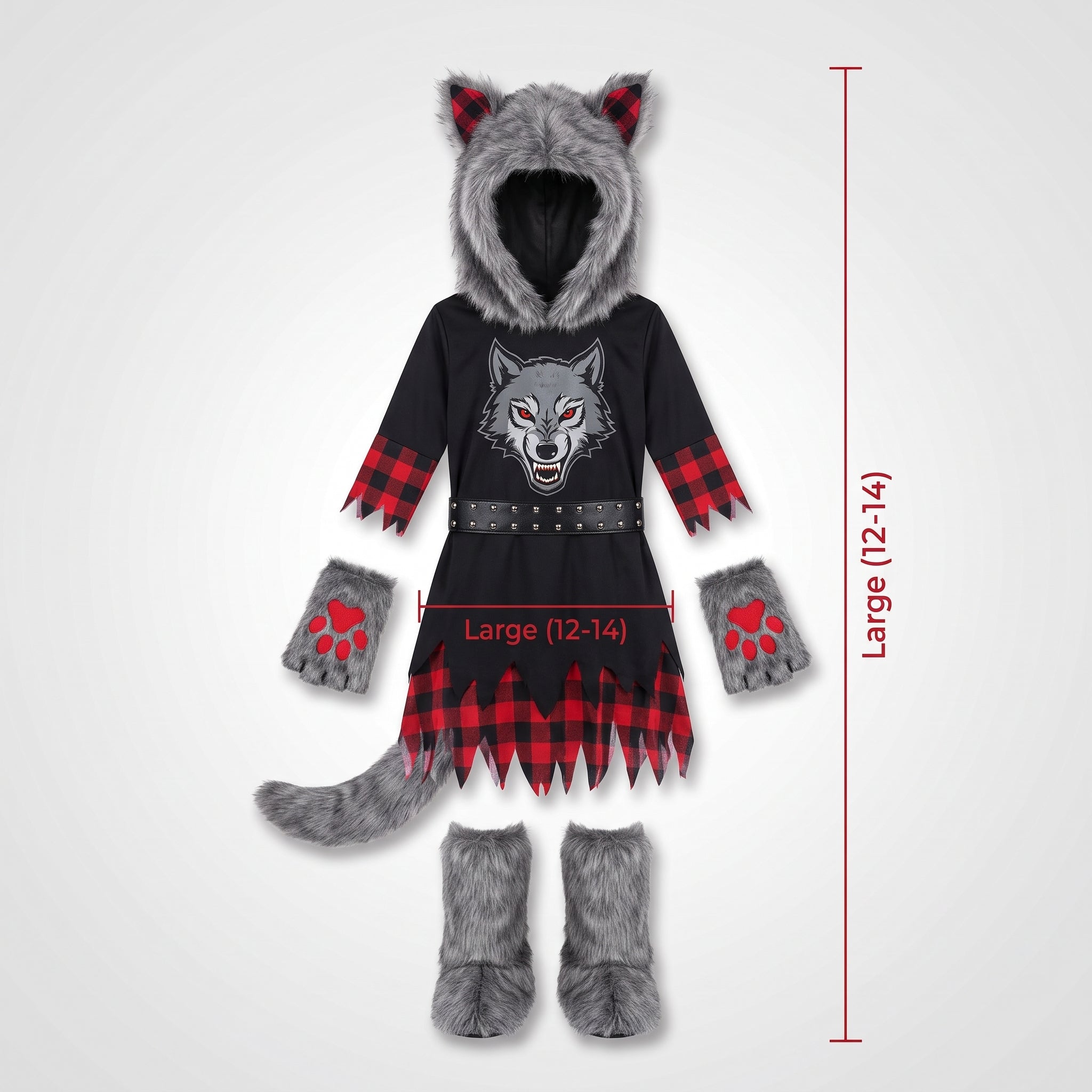Kids' She-Wolf Halloween Costume with Faux Fur and Plaid Accents