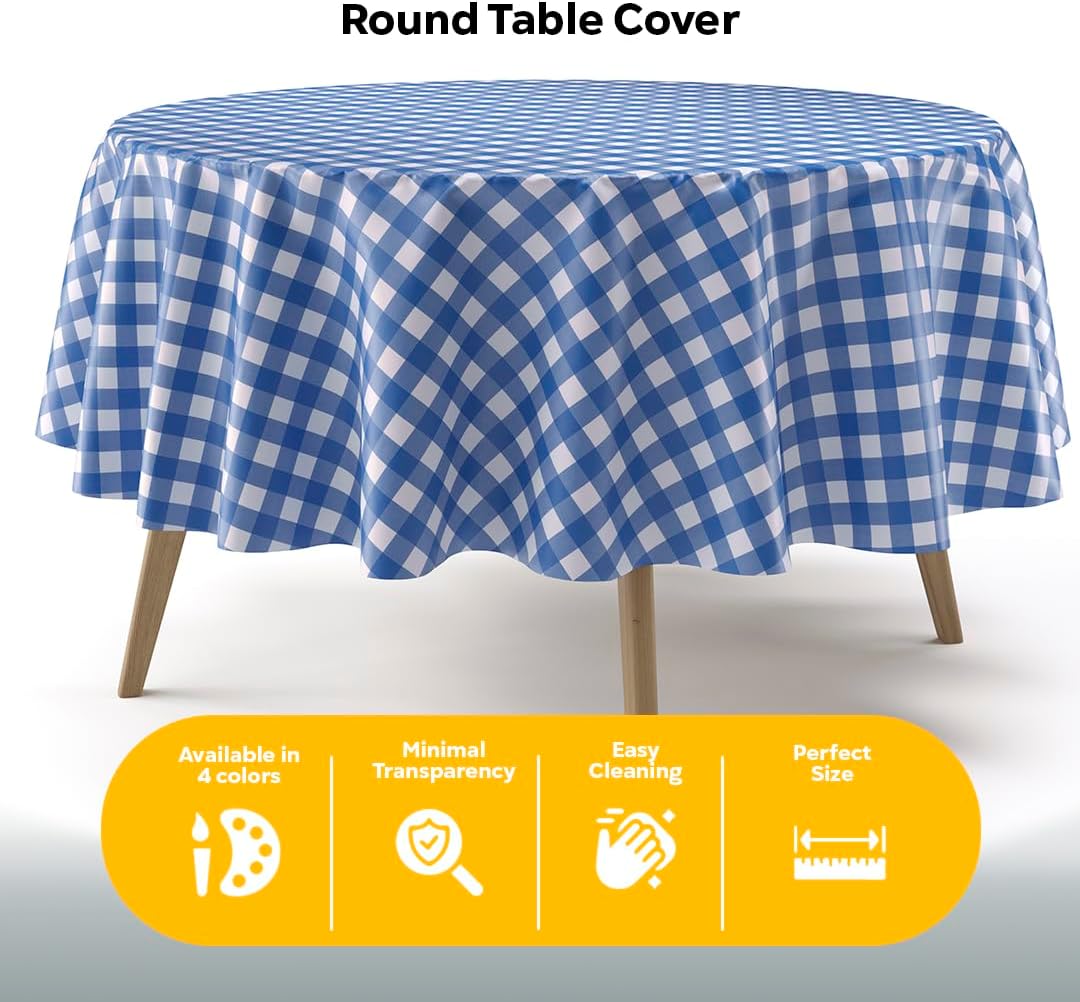 Round Blue Gingham Plastic Table Covers | 6 Pack
