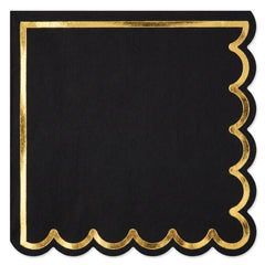 Black Scalloped Edge Beverage Napkin with Gold Hot Stamp - 5 In. X 5 In.