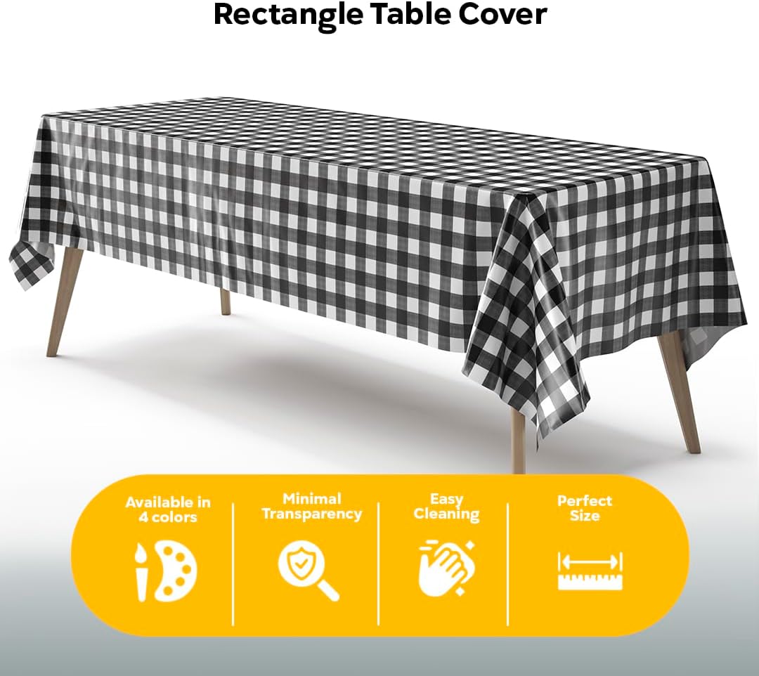 Black Gingham Plastic Table Covers | 12 Pack - 54 In. x 108 In.