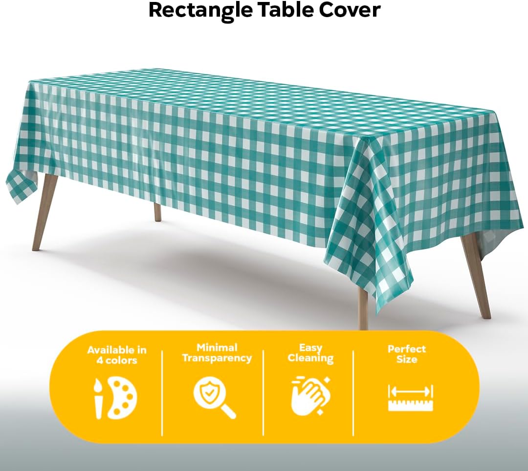 Teal Gingham Plastic Table Cover - 54 In. x 108 In.