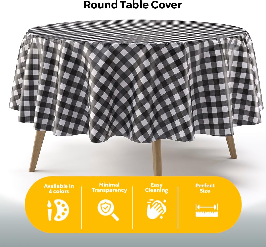 Round Black Gingham Plastic Table Covers | 6 Pack