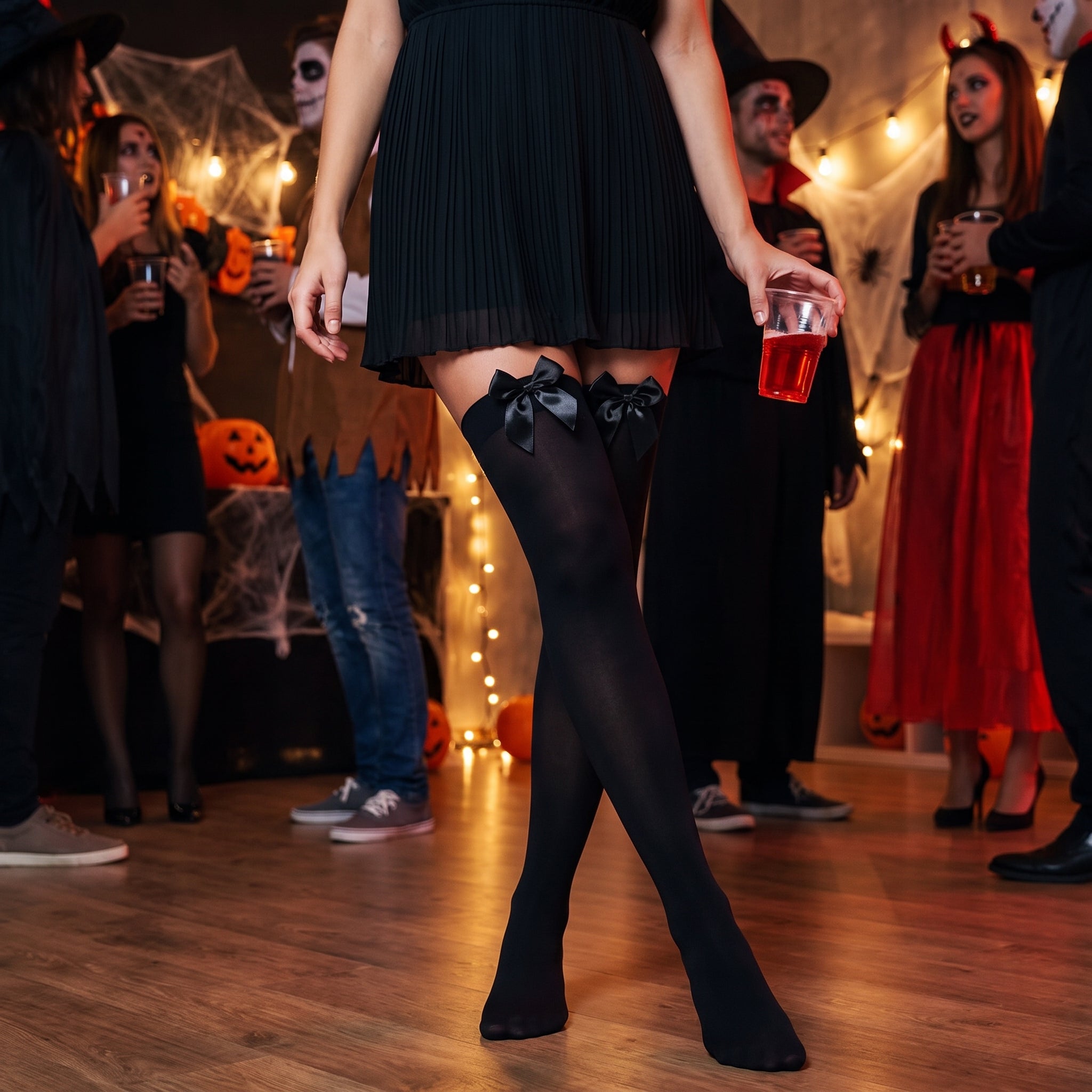Black Satin Bow Thigh Highs - One Size