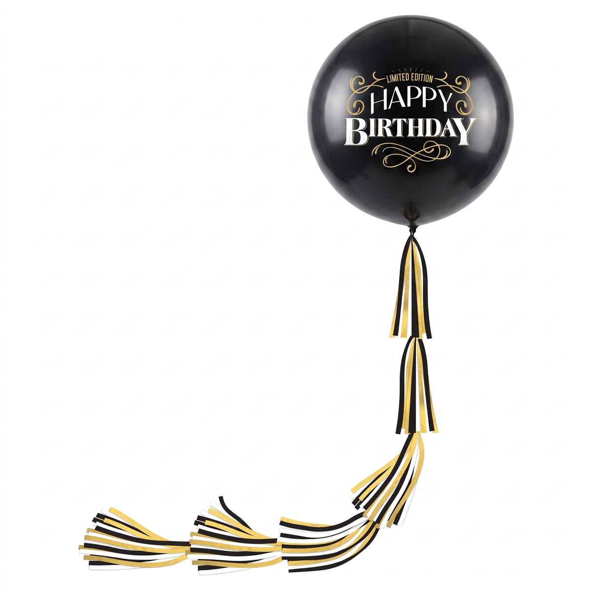 "Happy Birthday" Jumbo Latex Balloon with Black and Gold Tail - 24-Inch, 2-Pack